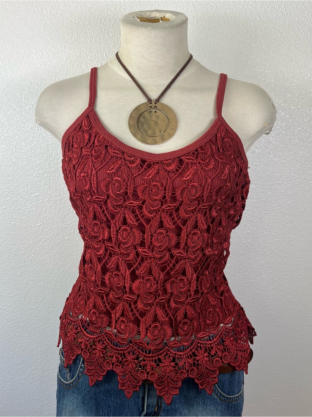 Burnt Orange Crochet Lace Spaghetti Strap Tank Top
